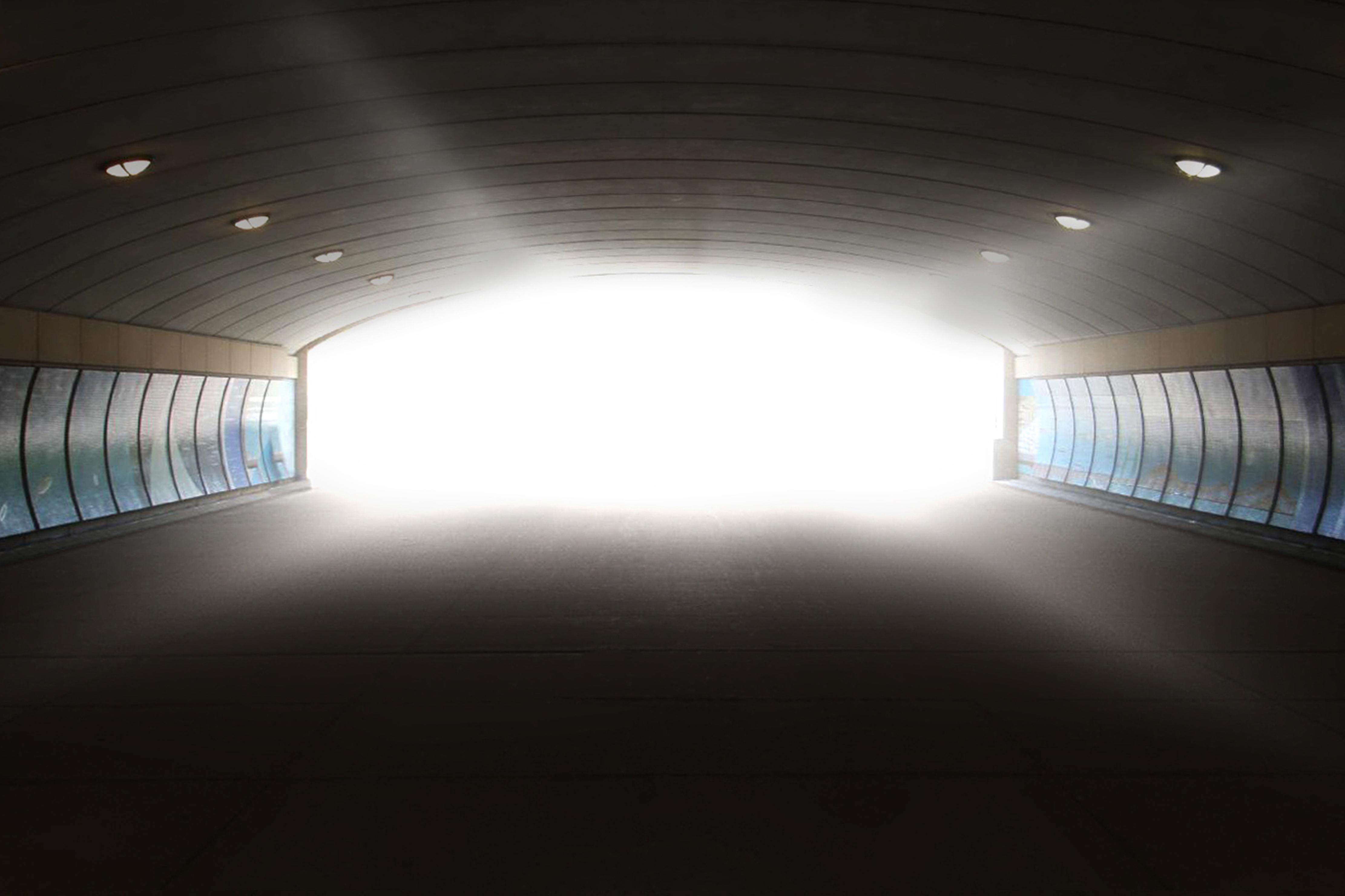 View from inside a tunnel with a lit entrance.